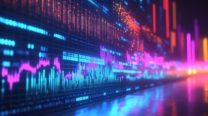 Obraz premium Glowing Screen Displaying Colorful Audio Waveforms, Symbolizing Advanced Sound Analysis and Technology