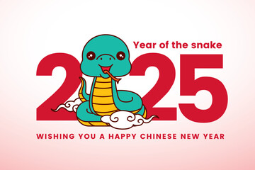 Chinese New Year with cute snake cartoon on 2025 big number sign. Red packet, bunting, social media templates.