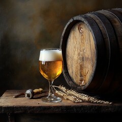 Glass of beer and vintage wooden beer barrel still life