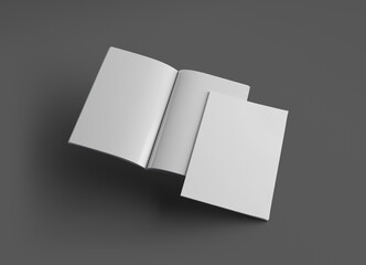 Isolated magazine cover and open magazine Mockup on grey background with soft shadows. 3D rendering