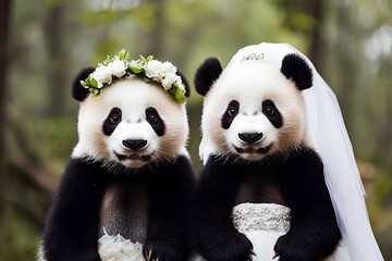 Two pandas dressed in wedding attire, one wearing a floral crown and the other a veil.