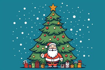 Obraz premium Festive Santa Claus standing beside a decorated Christmas tree with gifts on a snowy background