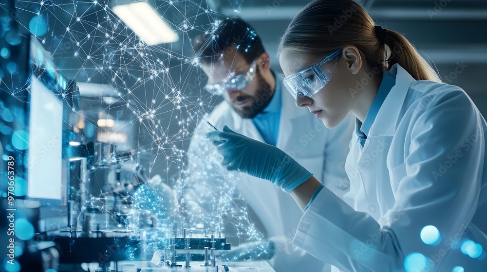 Poster quantum laser researchers surrounded by advanced scientific instruments
