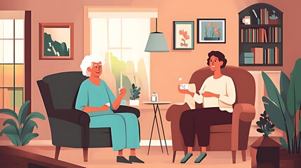 Nurse Assisting Elderly Woman in Cozy Living Room Setting