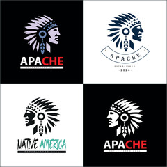 Apache indian aztec native american warrior tribes face head logo set silhouette template design