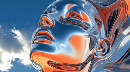 Obraz premium Abstract chrome and copper woman face on a blue sky background, 3D rendering illustration. copy space
