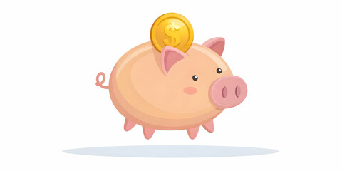 Fototapeta premium Flat Floating Piggy Bank Vector: Coin Insertion Concept for Savings and Financial Growth, Isolated on White Background - Playful Modern Design