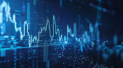 Futuristic digital financial chart with dynamic blue lines and glowing bars on a dark background.