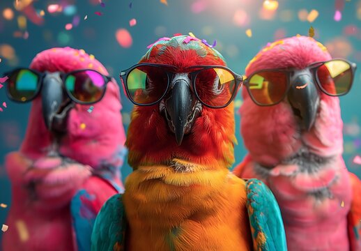 3 happy parrots wearing sunglasses and hats, party background, colorful lights, confetti flying around, bright colors
