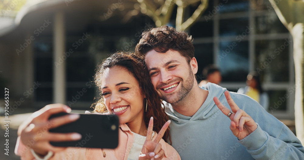 Sticker Happy couple, students and selfie with peace sign at campus for photography, picture or memory. Young, man and woman with smile, emoji or gesture for moment, capture or friendship at university