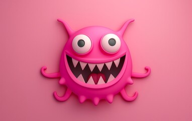 Fototapeta premium A pink smiling monster face, cute and funny cartoon character logo design with a simple background
