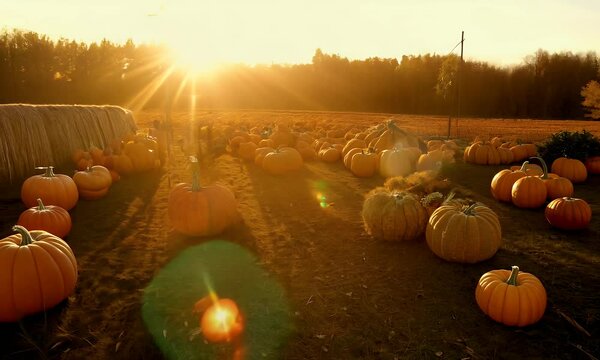 A colorful pumpkin patch with various sizes and shapes of pumpkins, surrounded by hay bales.