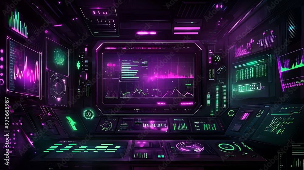 Poster Futuristic Control Room with Glowing Interfaces and Data Displays