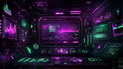 Obraz premium Futuristic Control Room with Glowing Interfaces and Data Displays