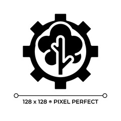 Forest management black glyph icon. Resource management. Environmental conservation. Tree and gear. Forestry. Silhouette symbol on white space. Solid pictogram. Vector isolated illustration