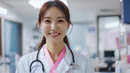 Doctor hand hold pink Ribbon and wear shirt for support people life and illness. National cancer survivors month, Mother and World cancer day concept,Pink October Breast Cancer Awareness month.