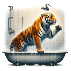 A majestic tiger stands on two legs in a modern white bathroom, taking a shower under a stream of water. The scene humorously blends nature with everyday human routines, showcasing the tiger as both p