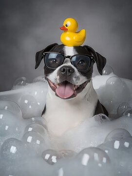 Blue staffy wearing glasses sitting in the middle of a bubble bathtub staring directly at the camera, happy expression with tongue wagging, resting