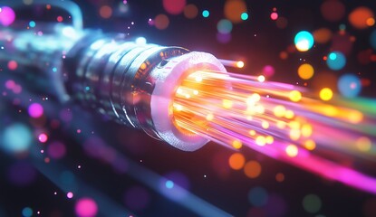 Close-up of an industrial optical fiber cable, vibrant light beams emanating from its core, fast data transfer between distant points in real-time