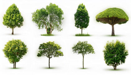 Different green trees and plants on white background