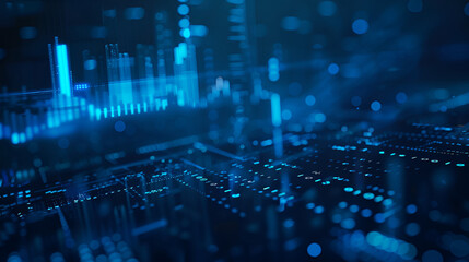 Futuristic digital financial chart with dynamic blue lines and glowing bars on a dark background.
