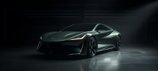 Sleek electric sports car displayed in a dimly lit showroom during an automotive showcase event