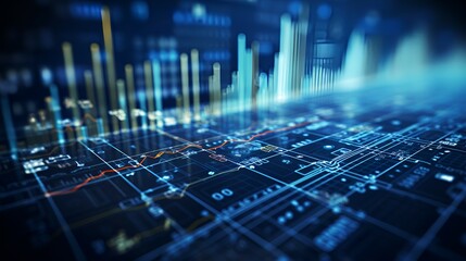 Futuristic digital financial chart with dynamic blue lines and glowing bars on a dark background.