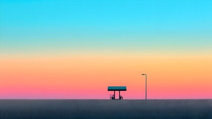 Silhouette of Abandoned Gas Station in Vast Field with Colorful Evening Sky
