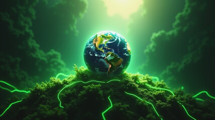 Earth Illuminated by Green Harmony, A glowing Earth globe rests on a grassy hill amidst lush green foliage. Vines intertwine with the landscape, connecting to the sphere of our planet.