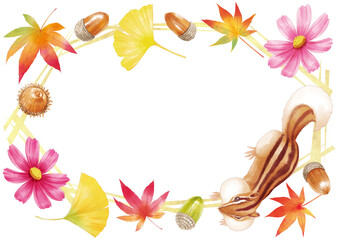 コスモス、紅葉、木の実、リスの秋のイラストフレーム