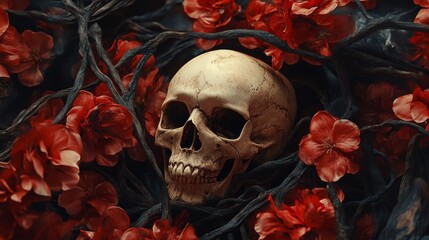 Skull surrounded by red flowers and dark