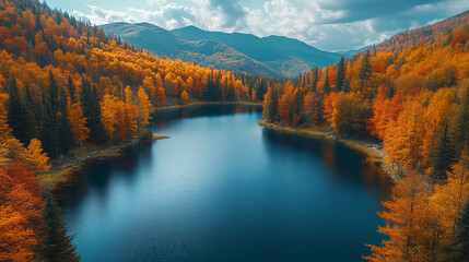 Fototapeta premium Tranquil mountain lake reflecting colorful autumn foliage and misty sky at sunrise