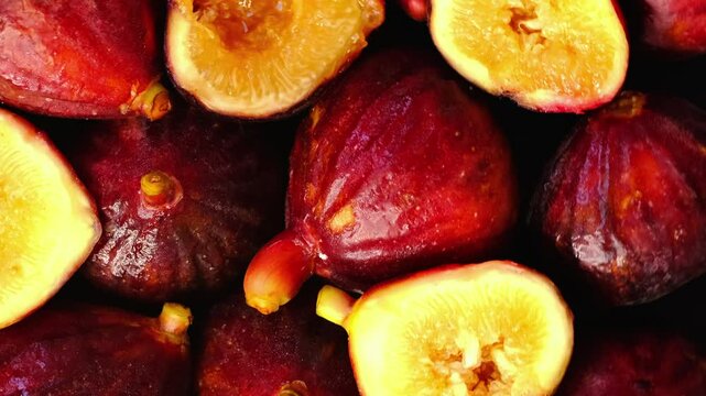 Figs close-up. Heap of figs, whole fruits and cut in half. Sweet exotic fruit for dessert, healthy food. Background of fruits slowly rotating.