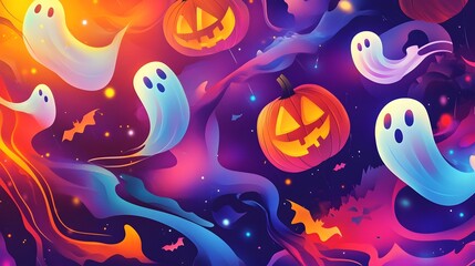 A vibrant 2D flat Halloween design with glowing pumpkins, abstract ghost shapes, and swirling wind in bright colors