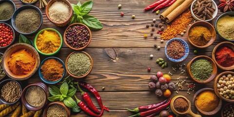 A variety of colorful spices arranged on a wooden table, spices, seasoning, food, cooking, culinary, herbs, flavor