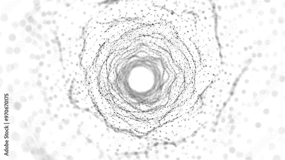 Poster Futuristic dynamic wireframe tunnel on white background. Digital data flow. Progressive IT technologies. 3d rendering.