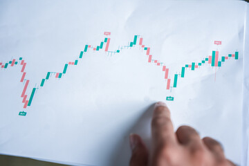  finger point on stock trading candlestick charts paper for investment. Trader check financial...