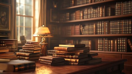 A  Well-Lit Library Desk With Stacked Books