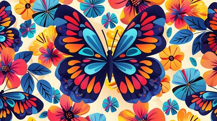 A fun and vibrant butterfly and flower pattern with exaggerated proportions and bold, playful colors, evoking a whimsical, carefree vibe. 8k UHD, suitable for high-quality printing or digital 