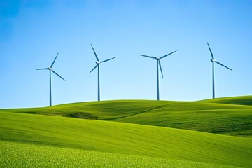 Wind turbines on green hills under a blue sky.