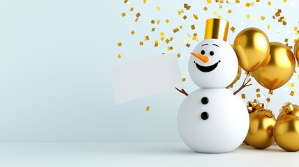 A snowman holding a white sign and surrounded by gold balloons. The image conveys a festive and joyful mood, likely for a holiday celebration