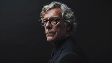 Elegant senior man with medium blonde hair posing in a studio