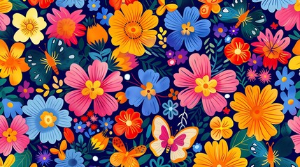 A seamless pattern of bright flowers and butterflies, arranged in a playful, repeating design with bold lines and vivid hues. 8k UHD, suitable for high-quality printing or digital display. 
