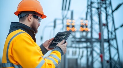 Technician Uses Thermal Imaging to Inspect Electrical Substation for Heat Loss or Faults