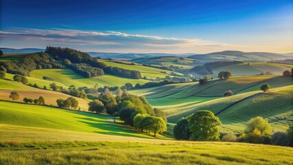 Obraz premium Landscape of a peaceful countryside with rolling hills and a clear blue sky , nature, countryside, serene, tranquil, scenic