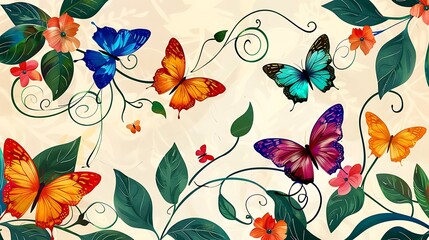 A vibrant spring illustration of colorful butterflies and stylized flowers, with swirling stems and leaves, arranged in a fun and playful composition. 8k UHD, suitable for high-quality printing 