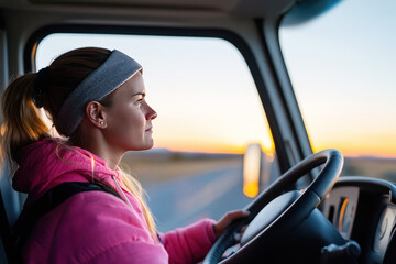 Confident female truck driver navigating at sunset on open road