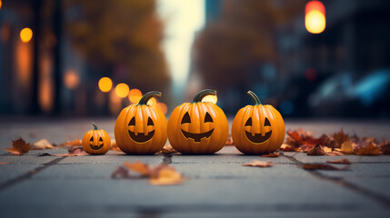 Three pumpkins with carved jack-o'-lantern faces on the ground, autumn leaves, blurred cityscape background. Halloween wallpaper