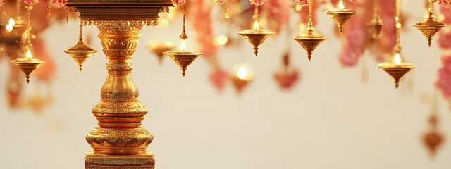 hindu festival element for web banner, horizontal size in 3d render with golden pillar and hanging diya lamp