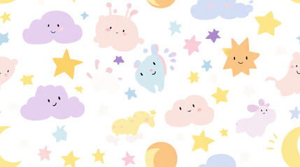 Seamless pattern of cute stars, moons, and clouds with smiling faces